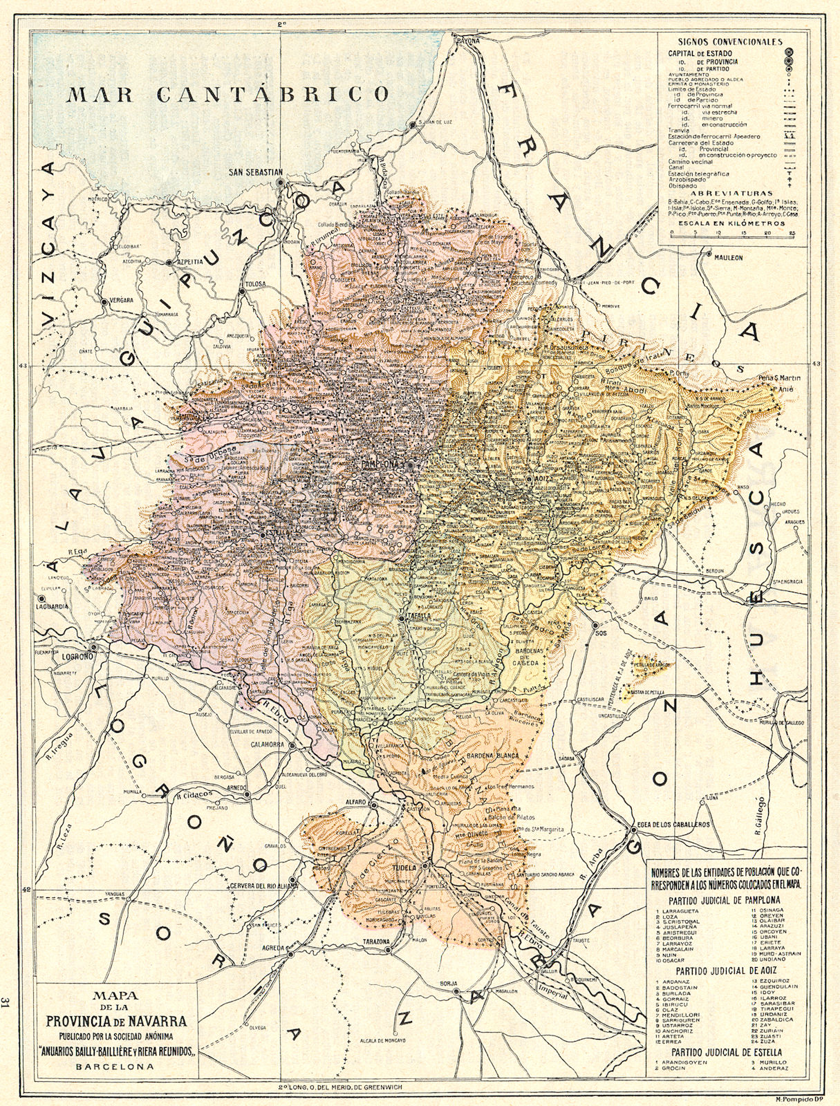SPAIN. Mapa de la Provincia de Navarra 1913 old antique vintage plan chart