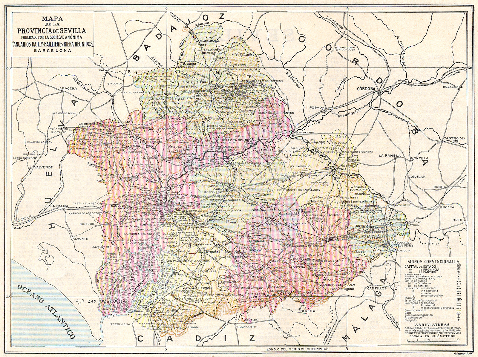 SPAIN. Mapa de la Provincia de Sevilla 1913 old antique vintage plan chart