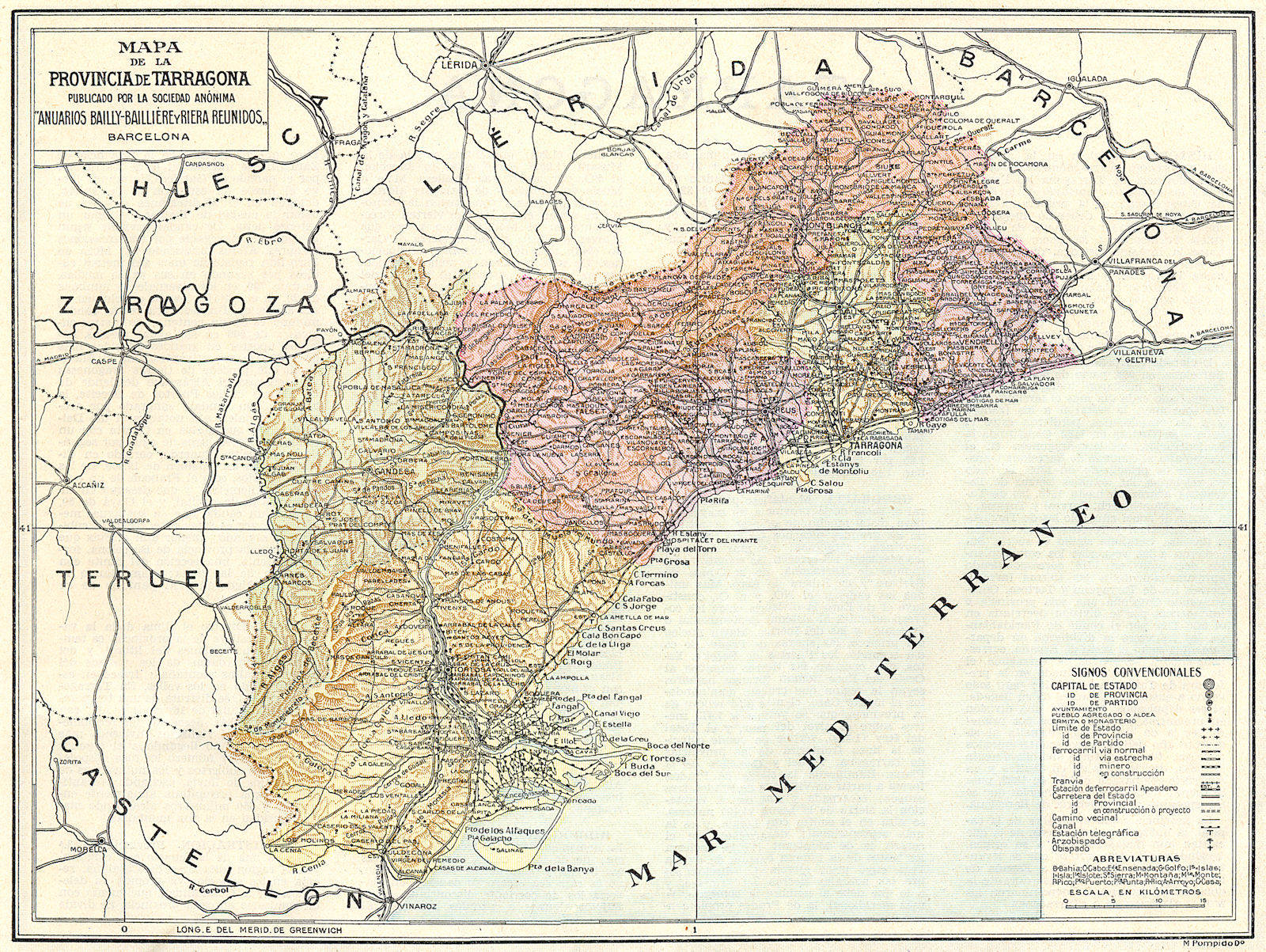 SPAIN. Mapa de la Provincia de Tarragona 1913 old antique plan chart