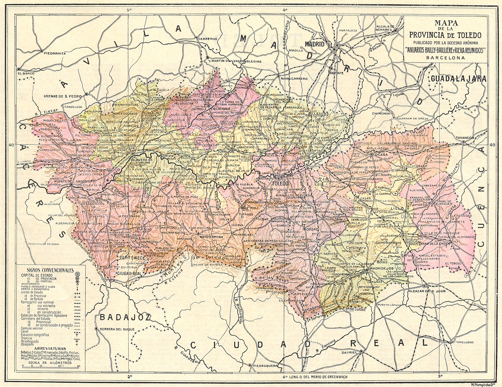 SPAIN. Mapa de la Provincia de Toledo 1913 old antique vintage plan chart