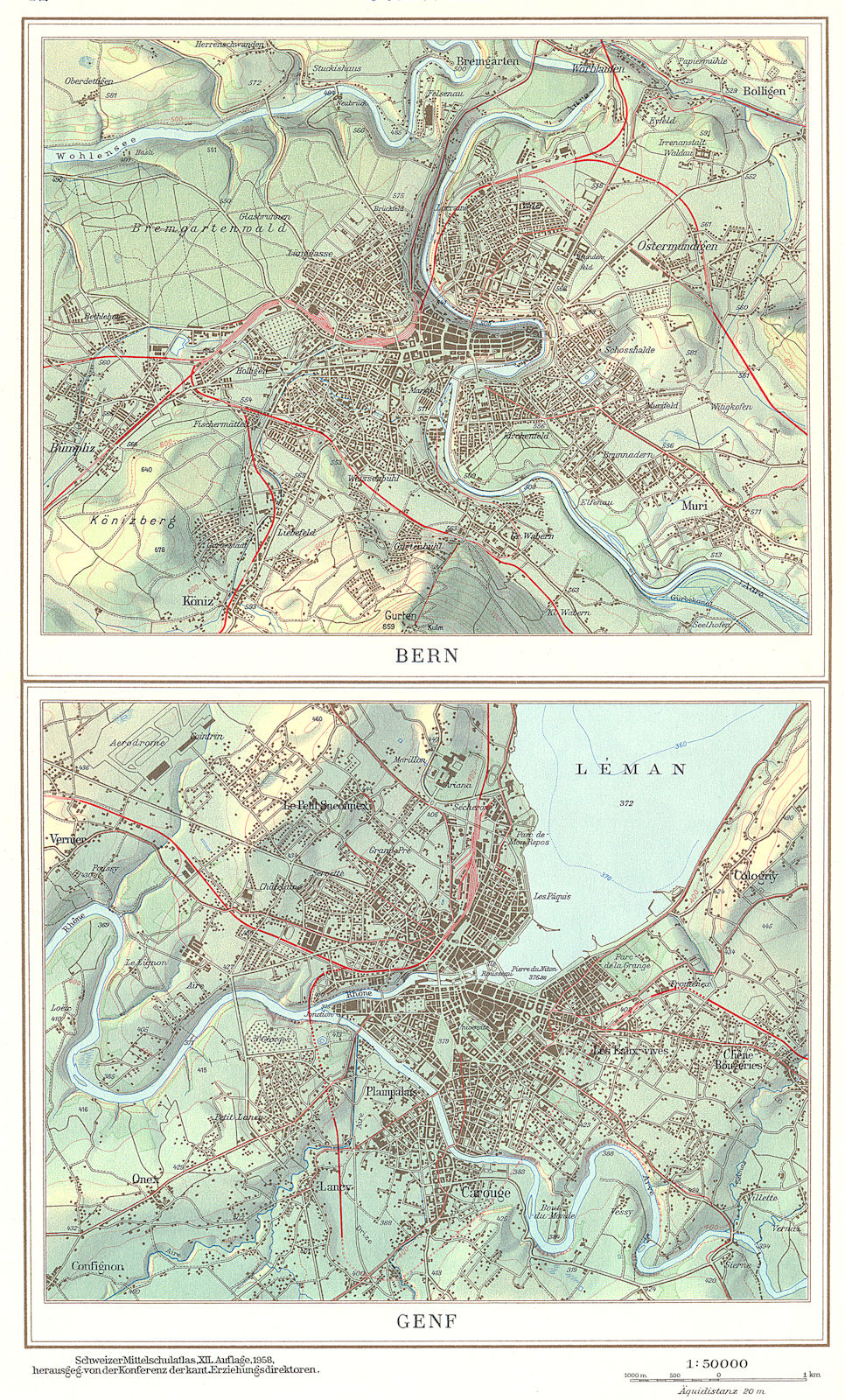 SWITZERLAND.Schweiz;Berne Bern;Genf Geneva 1958 old vintage map plan chart