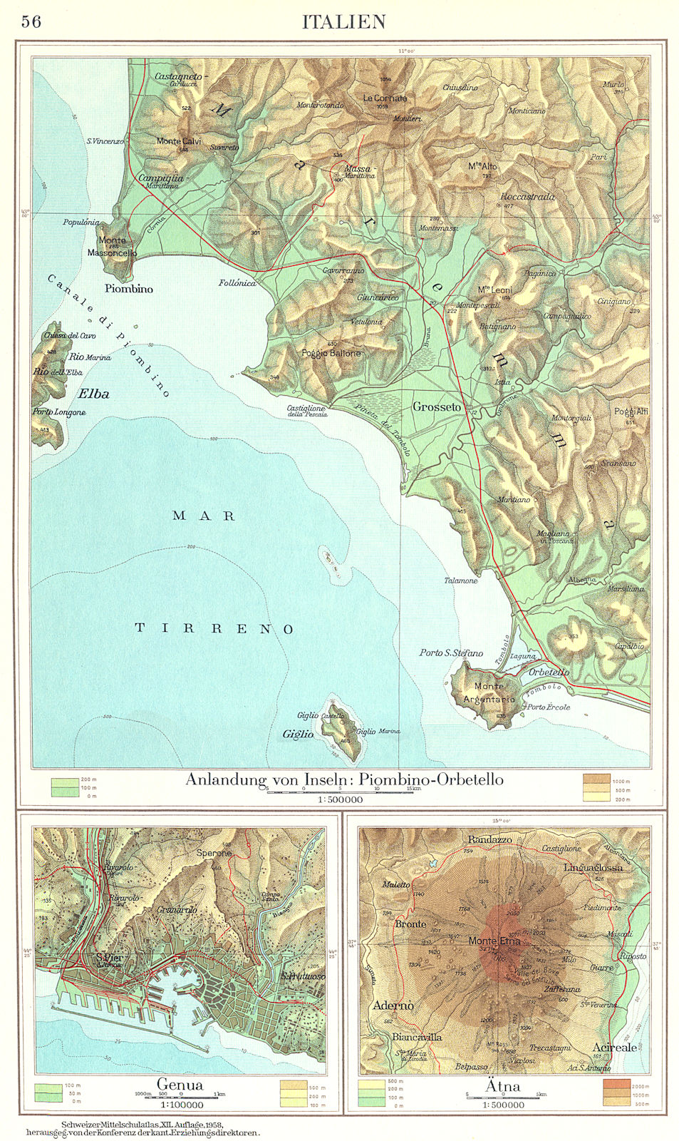 Associate Product ITALY.Italien;Inseln.Piombino-Orbetello;Genua;Atna;Genoa Etna Elba 1958 map