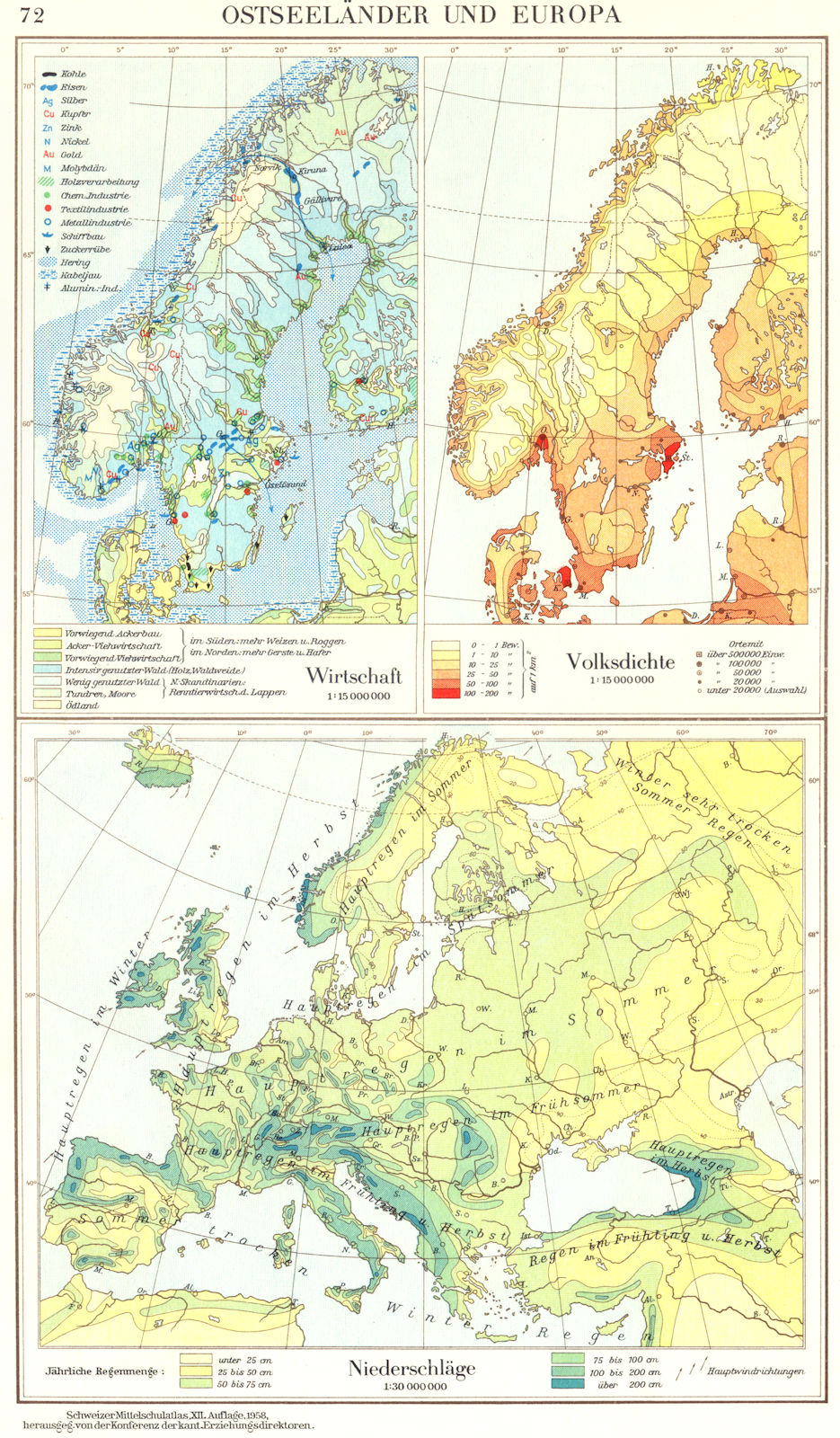Associate Product SCANDINAVIA.Ostseelander Europa;Wirtschaft;Volksdichte;niederschlage 1958 map