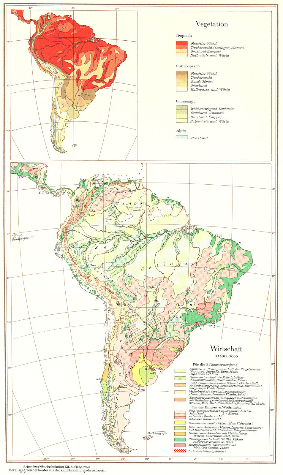 Associate Product SOUTH AMERICA.Sudamerika;Vegetation Wirtschaft Economy 1958 old vintage map