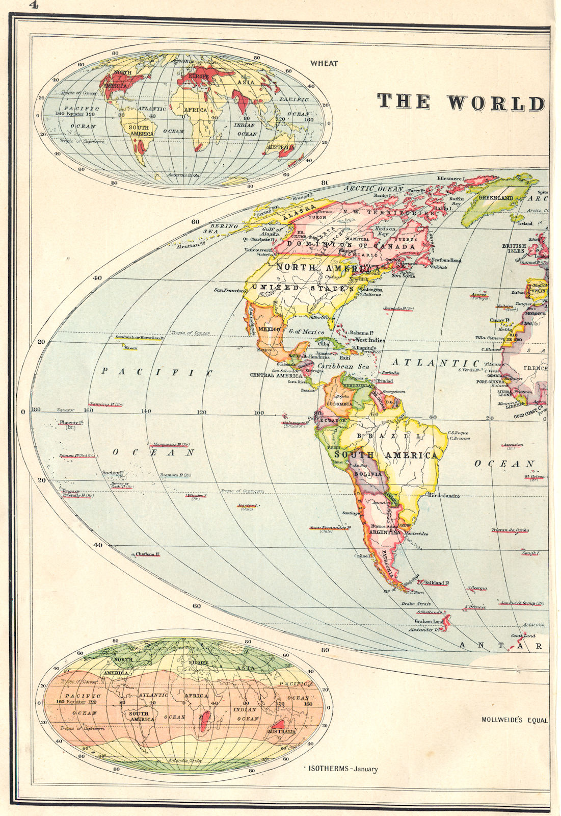 WESTERN HEMISPHERE.Political.World wheat growing areas & Jan Isotherms 1920 map