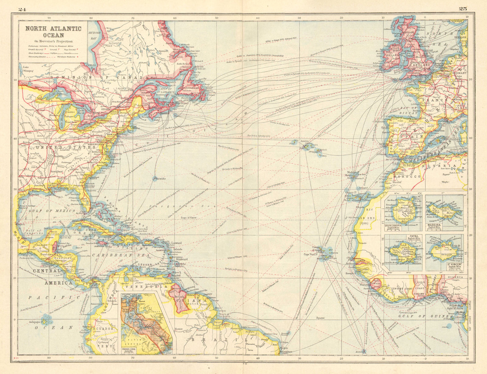 Associate Product NORTH ATLANTIC OCEAN. inset Panama Canal;Gran Canaria;Madeira. Cables 1920 map