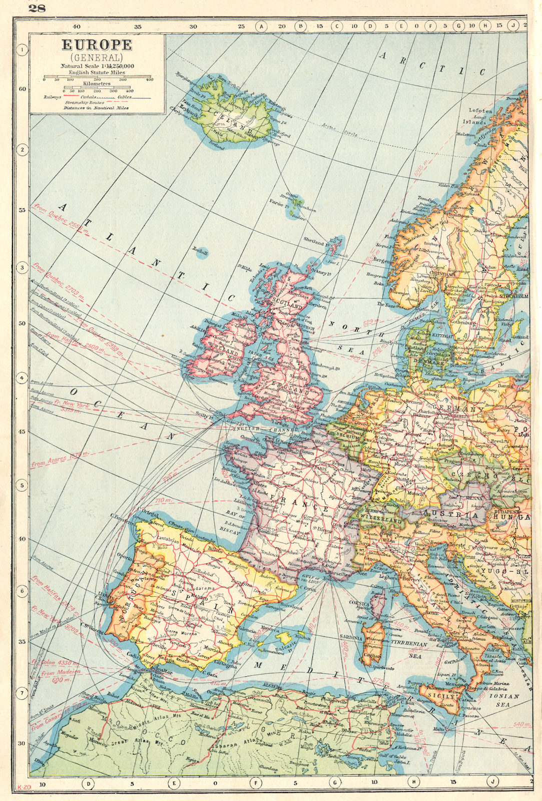 WESTERN EUROPE. Showing railways cables steamship routes. HARMSWORTH 1920 map