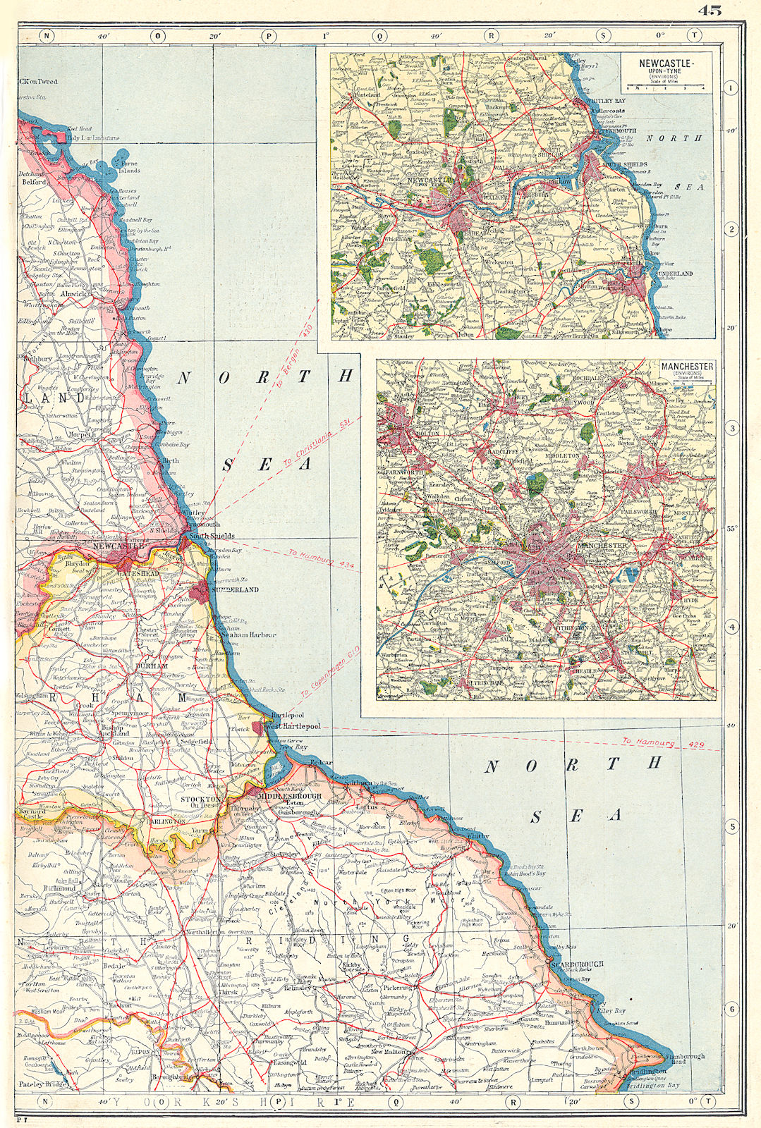 Associate Product NORTH EAST ENGLAND COAST. Durham Yorks Northumbs Newcastle-upon-Tyne 1920 map