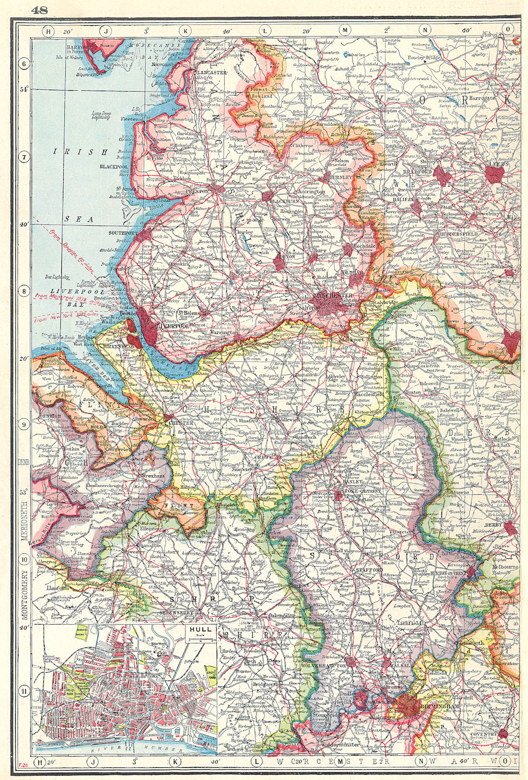 ENGLAND NORTH WEST. Lancashire Cheshire & Staffordshire. Inset Hull 1920 map