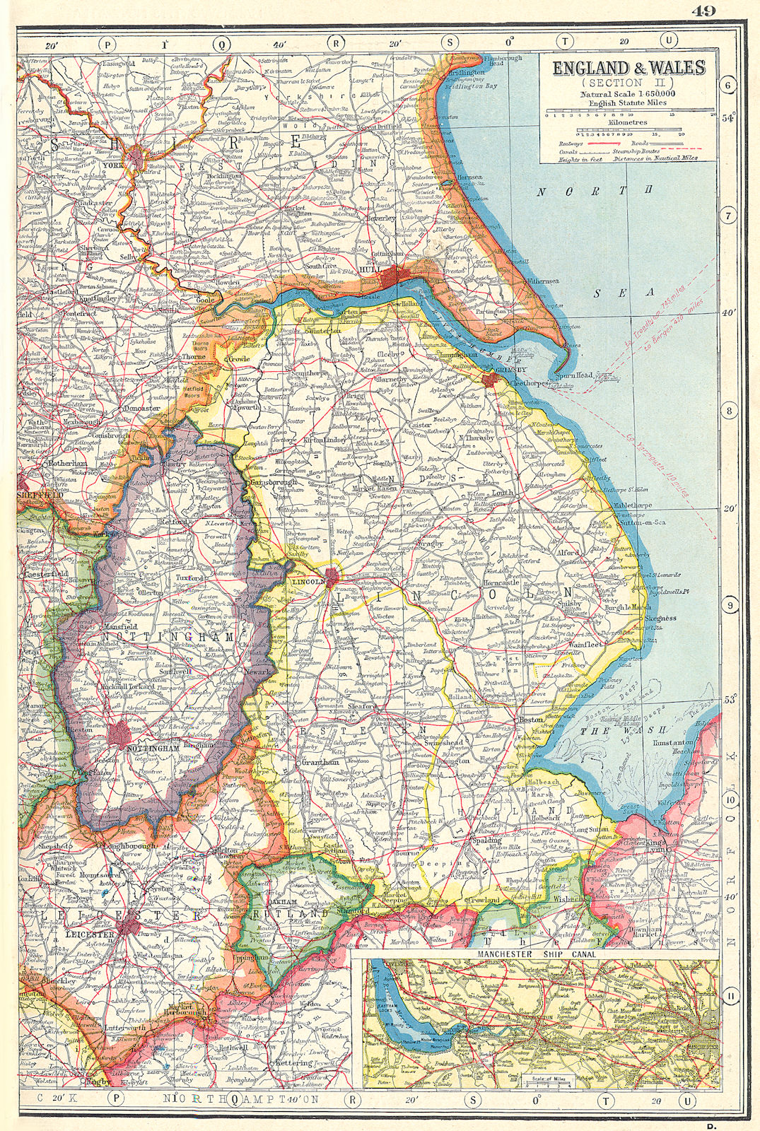 Associate Product EAST MIDLANDS.Lincolnshire Nottinghamshire Rutland.Manch'r Ship Canal 1920 map