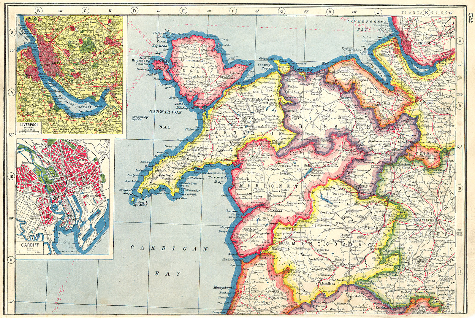 N WALES. Carnarvon Merioneth Denbigh Anglesey Flint; Liverpool;Cardiff 1920 map