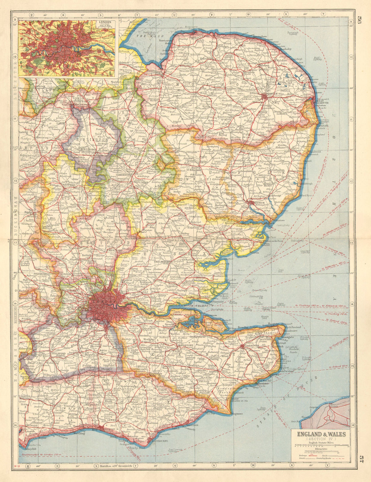ENGLAND EAST. Norfolk Suffolk Essex Kent Surrey Cambs; Inset London 1920 map