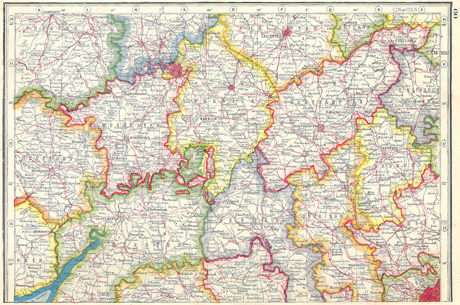 MIDLANDS. Worcestershire Warwickshire Northamptonshire Bedfordshire 1920 map