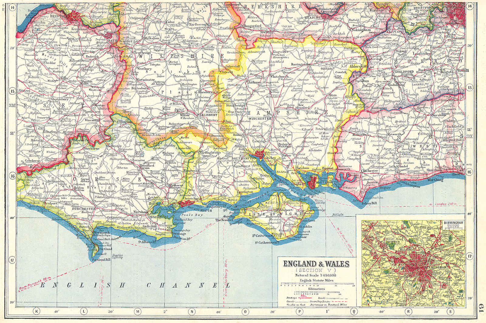 ENGLAND SOUTH. hampshire Isle of Wight Dorset Sussex; Inset Birmingham 1920 map