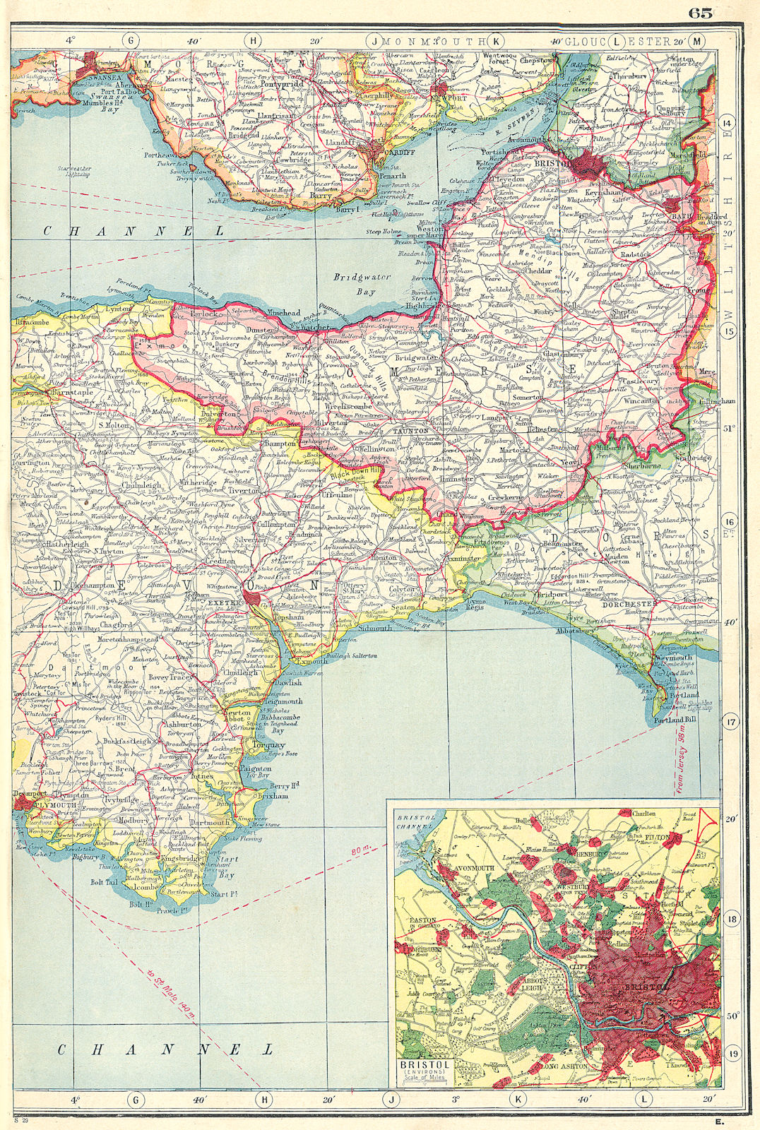 SOUTH WEST ENGLAND. Somerset & part of Devon. Inset Bristol environs 1920 map