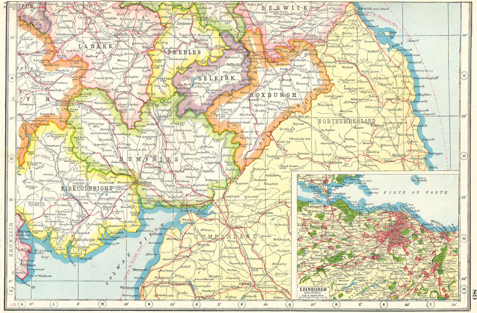 SCOTLAND. Borders. Dumfries Roxburgh Selkirk Peebles;Inset Edinburgh 1920 map