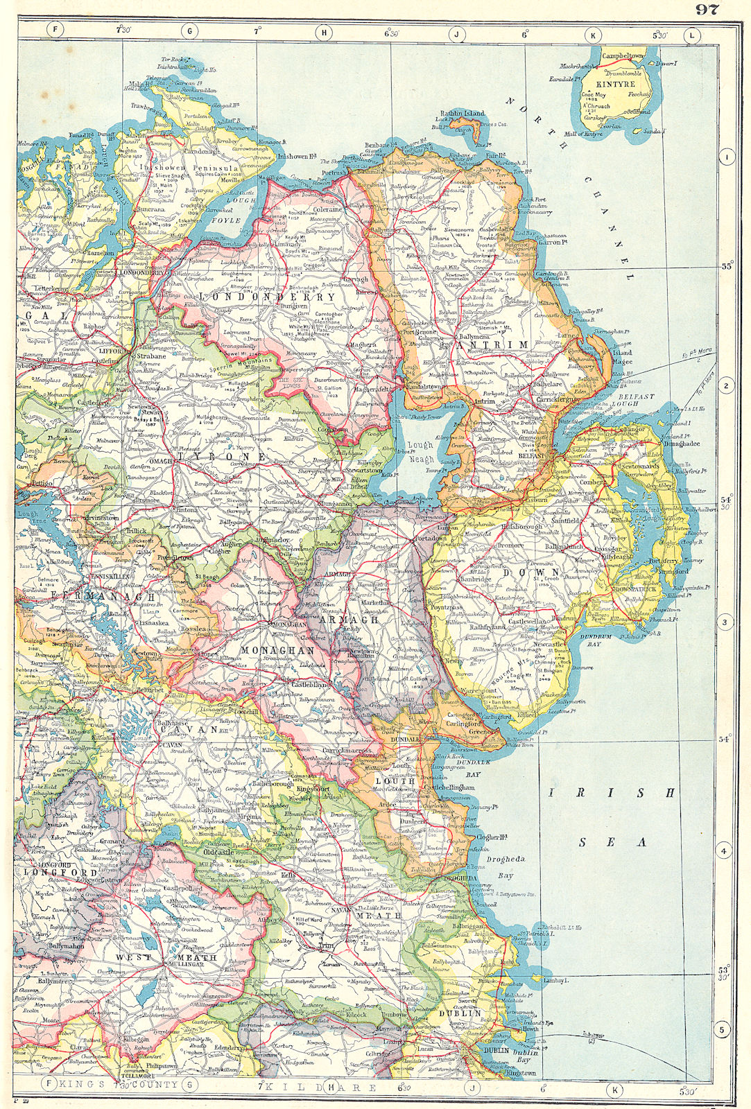 IRELAND NORTH EAST. Ulster Antrim Down Londonderry Tyrone Armagh etc 1920 map