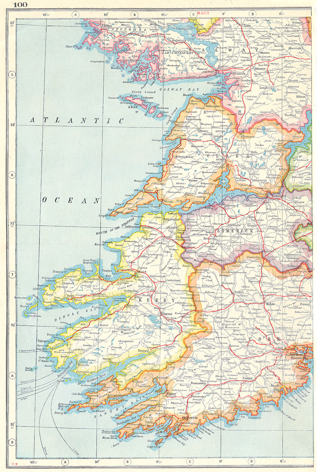 IRELAND SOUTH WEST. Cork Kerry Limerick Clare Galway. HARMSWORTH 1920 old map