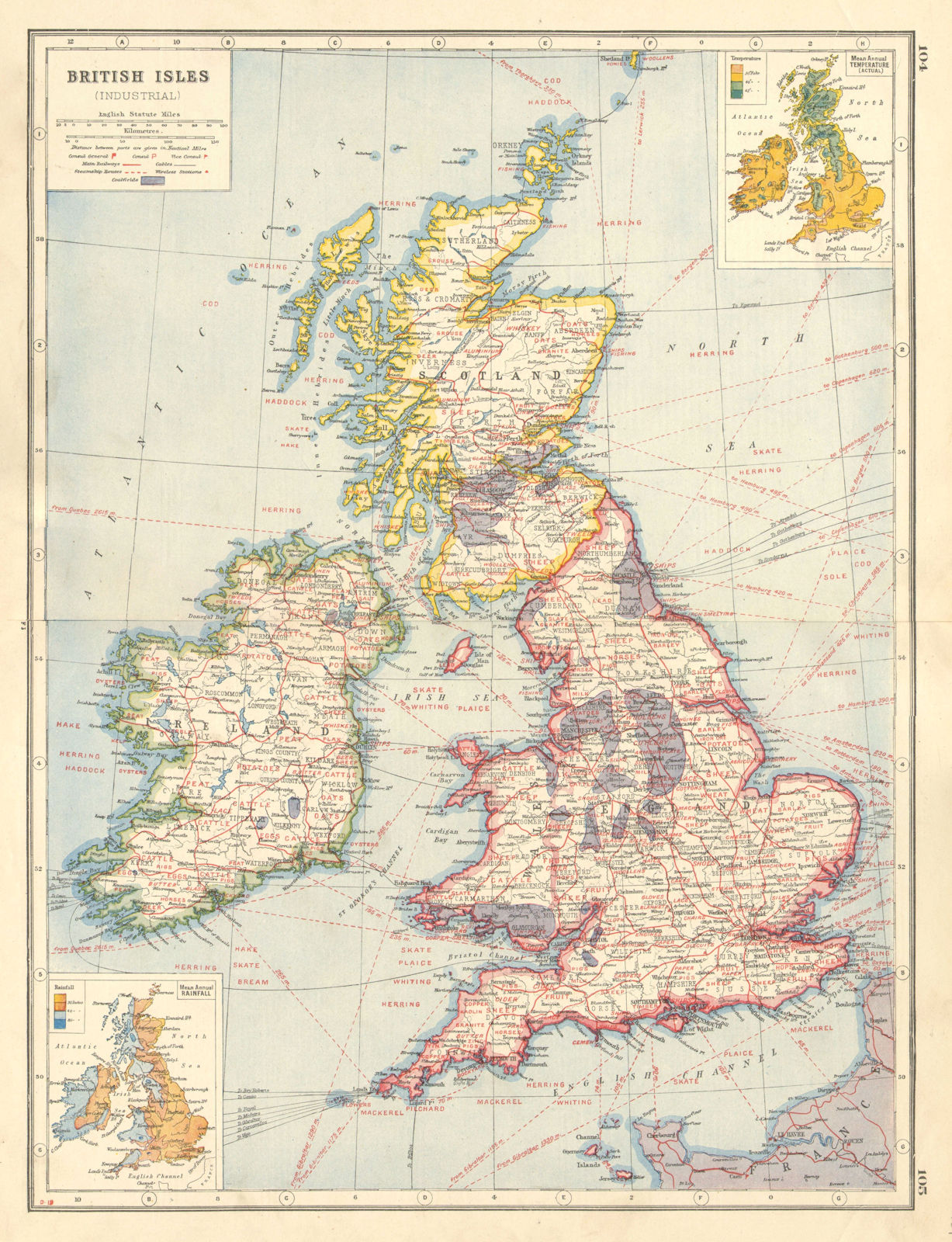 BRITISH ISLES AGRICULTURAL/INDUSTRIAL. Showing key products coalfields 1920 map