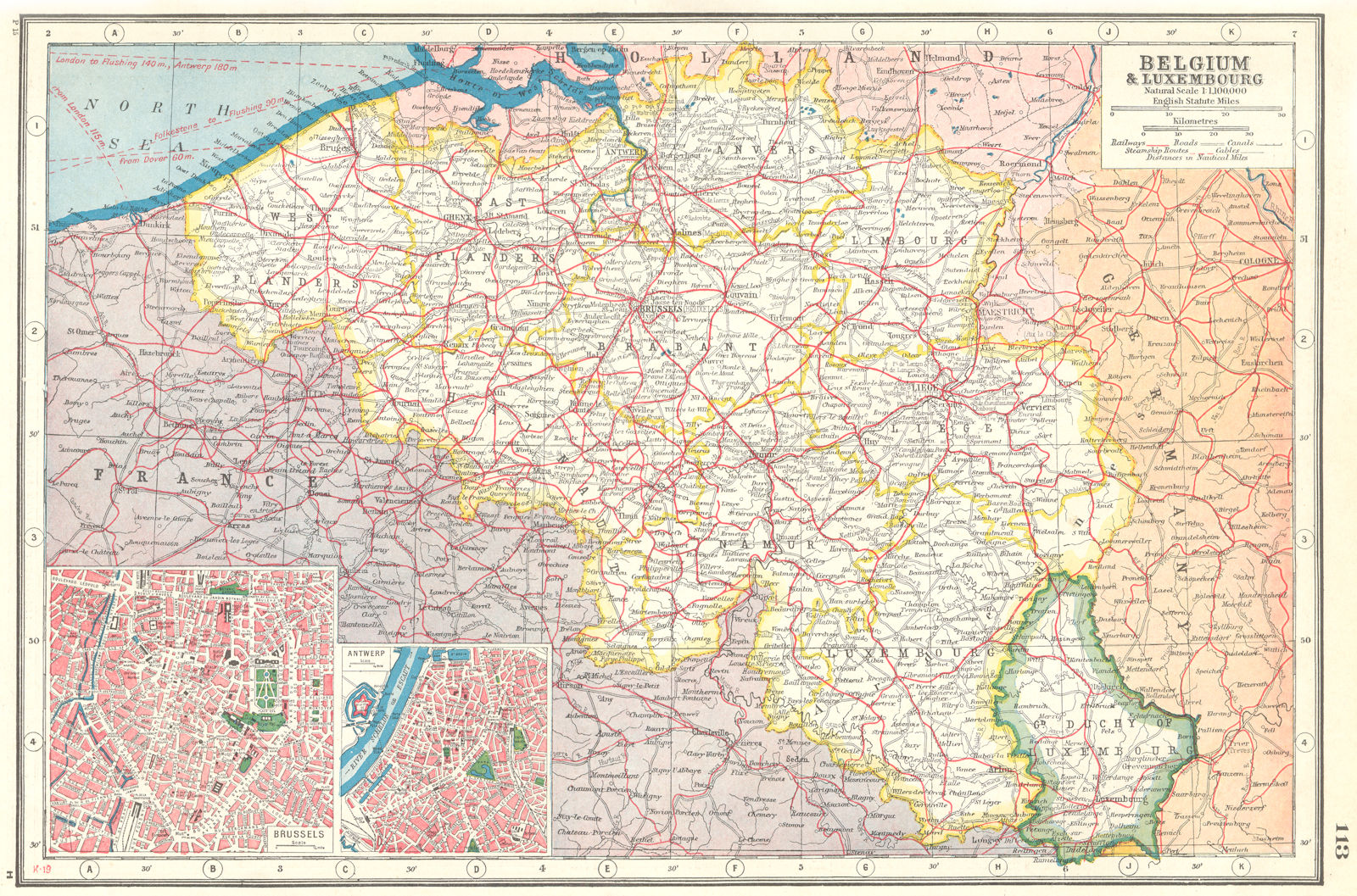 Associate Product BELGIUM & LUXEMBOURG. Railways canals. Inset Brussels & Antwerp plans 1920 map