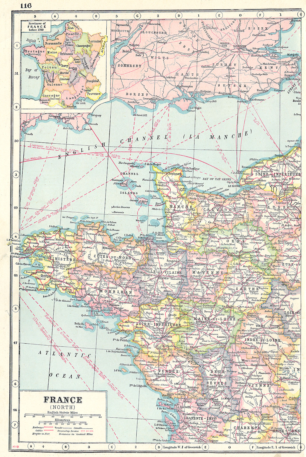 FRANCE NORTH WEST. showing departements. Inset <1789 Provinces 1920 old map