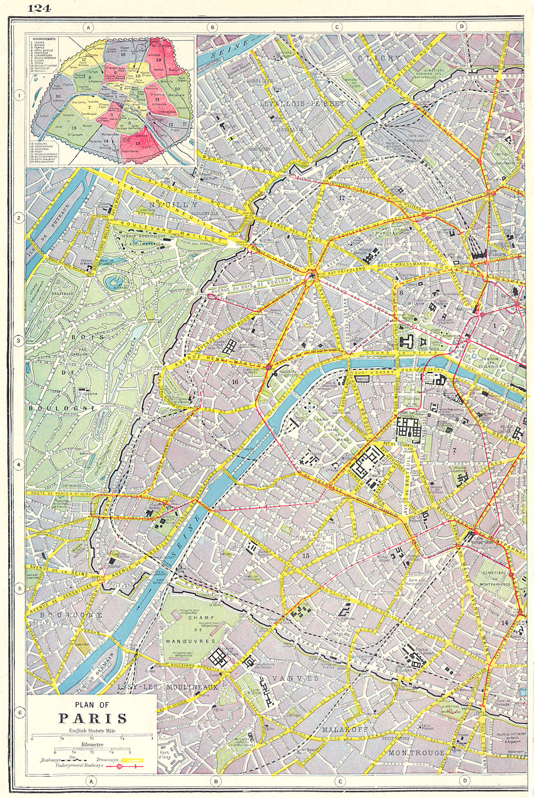 PARIS WEST. Plan of Paris west sheet; inset Arrondissements 1920 old map