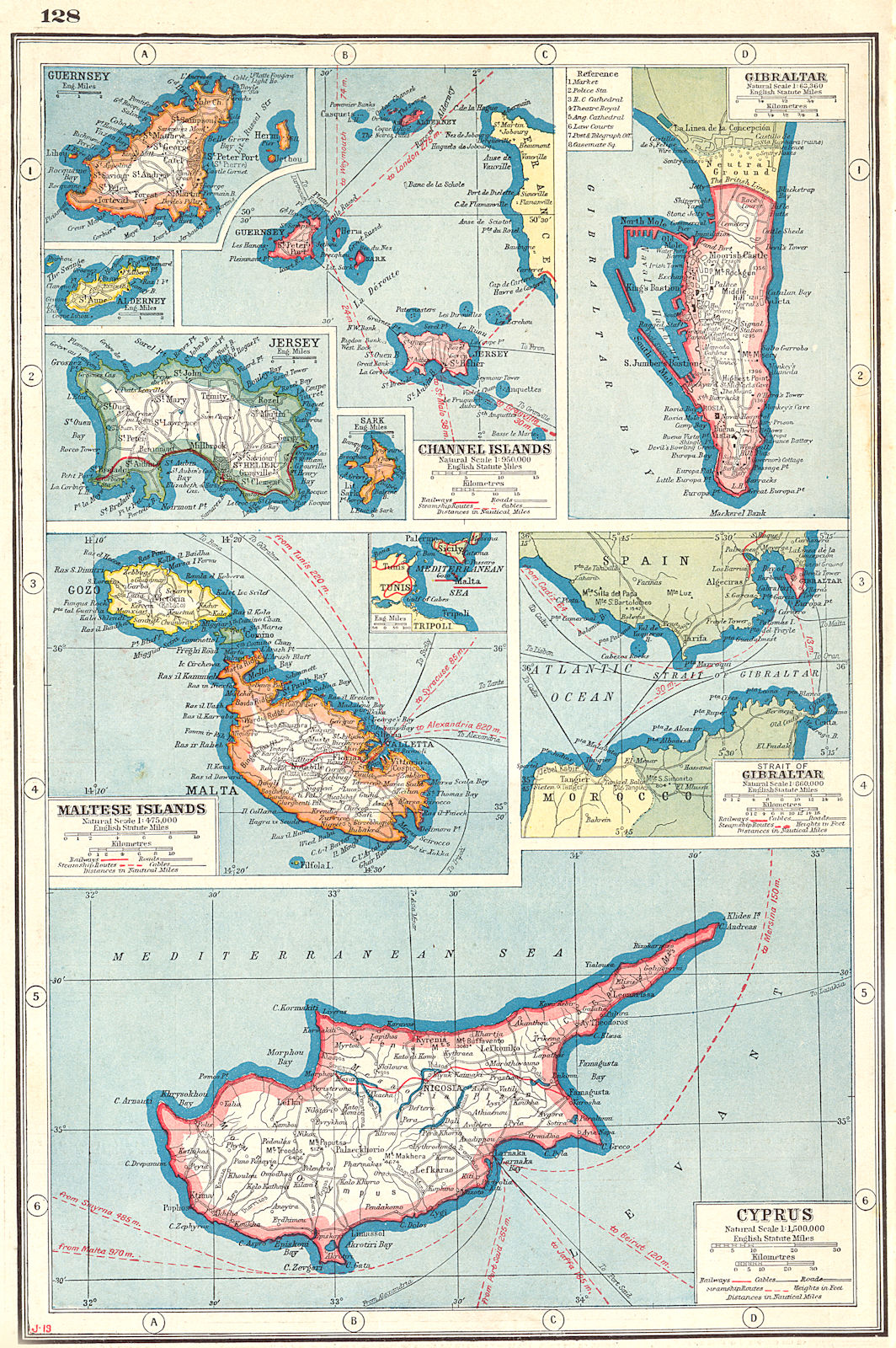 BRITISH EUROPEAN POSSESSIONS. Malta Gibraltar Cyprus Guernsey Jersey 1920 map