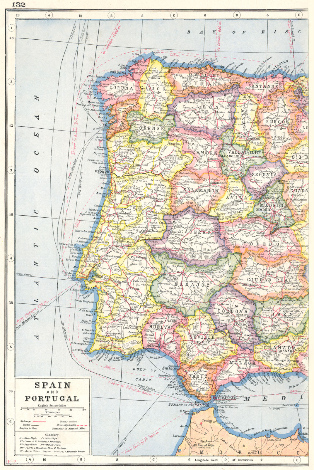 IBERIA WEST. Spain showing provinces and Portugal. Telegraph cables 1920 map