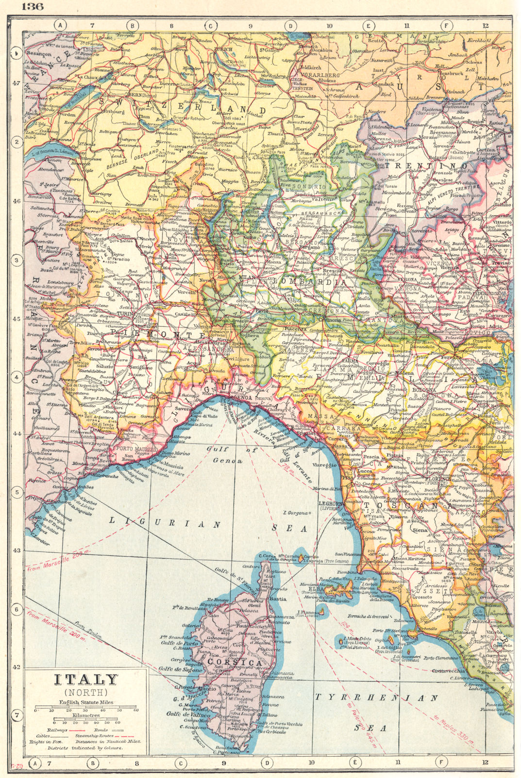 ITALY NW. Corsica Toscana Piemonte Lombardia Emilia Trentino Liguria 1920 map