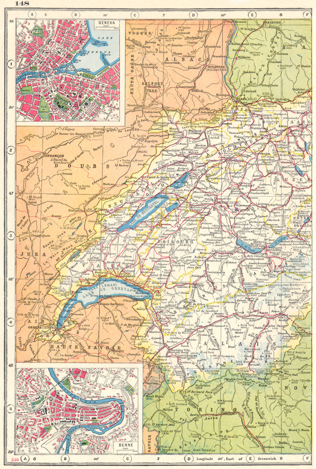 SWITZERLAND WEST. inset plans of Geneva Genf & Berne Bern. HARMSWORTH 1920 map