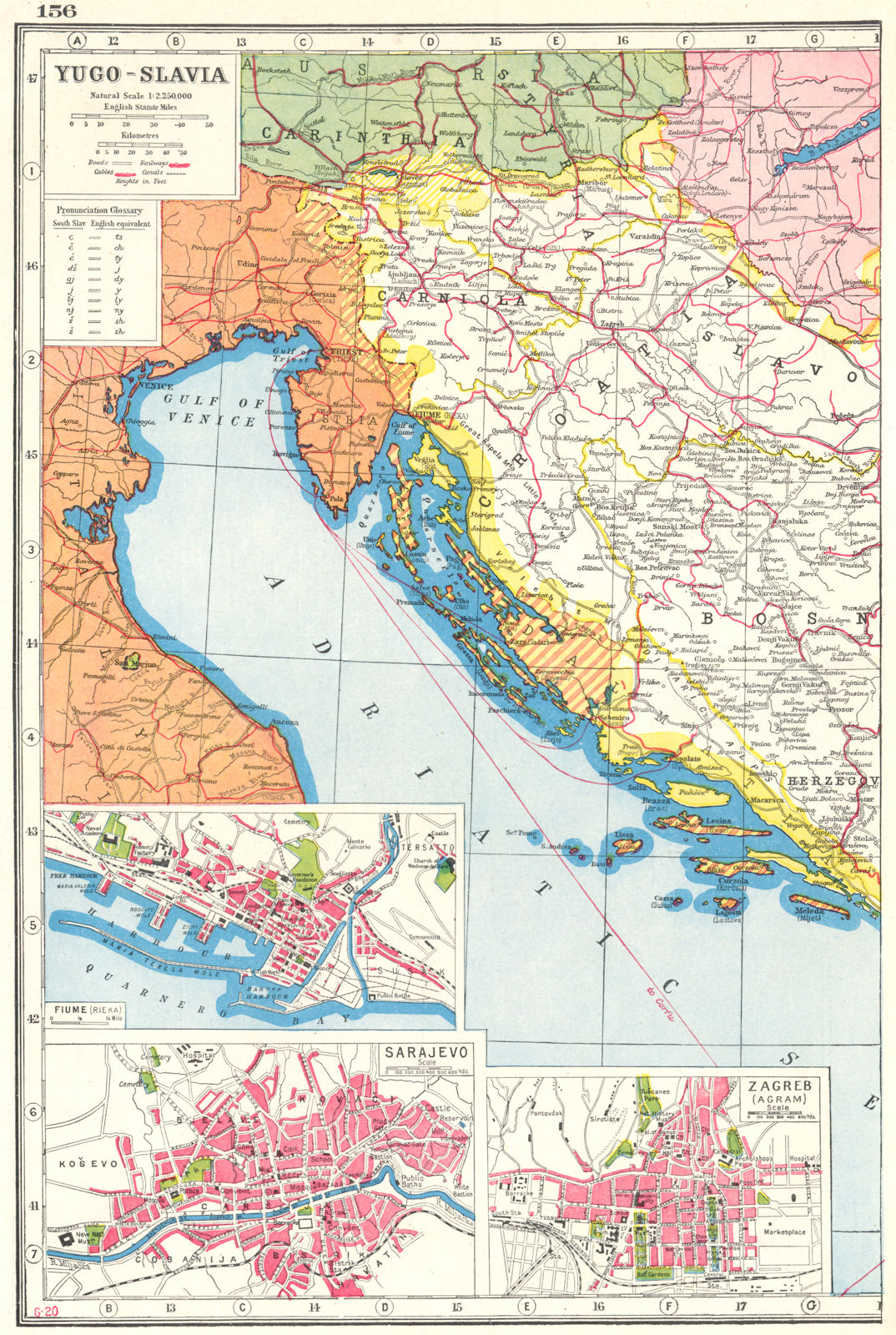 YUGOSLAVIA WEST. Croatia Slovenia Bosnia; Inset Rijeka Sarajevo Zagreb 1920 map