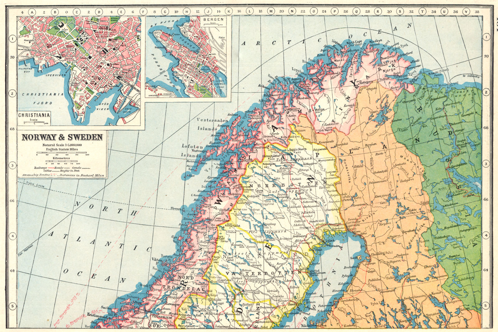 SCANDINAVIA NORTH. Norway & Sweden;inset Oslo Christiania;Bergen 1920 old map