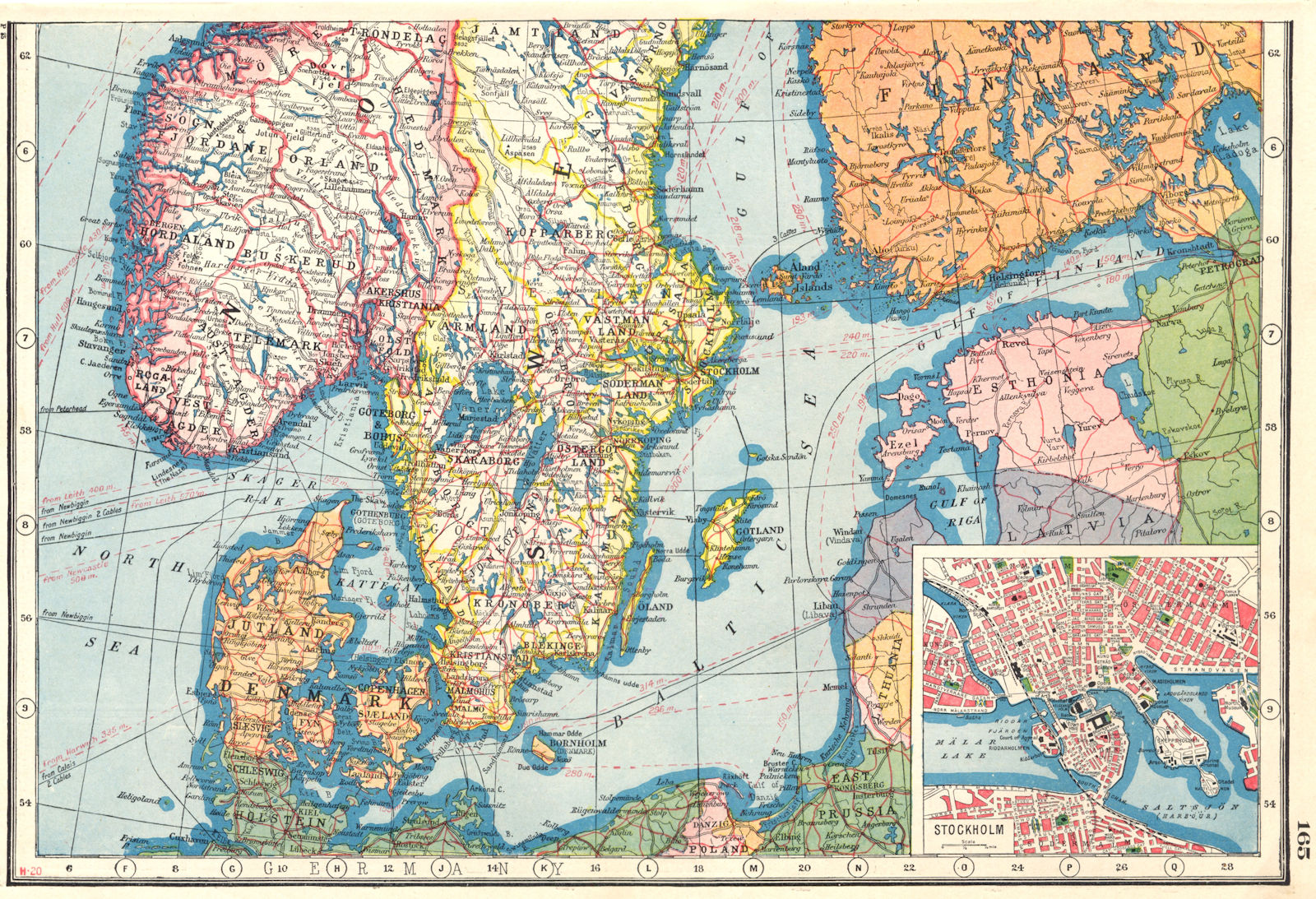 SCANDINAVIA.Norway Sweden South. Denamrk. Estonia; inset Stockholm 1920 map