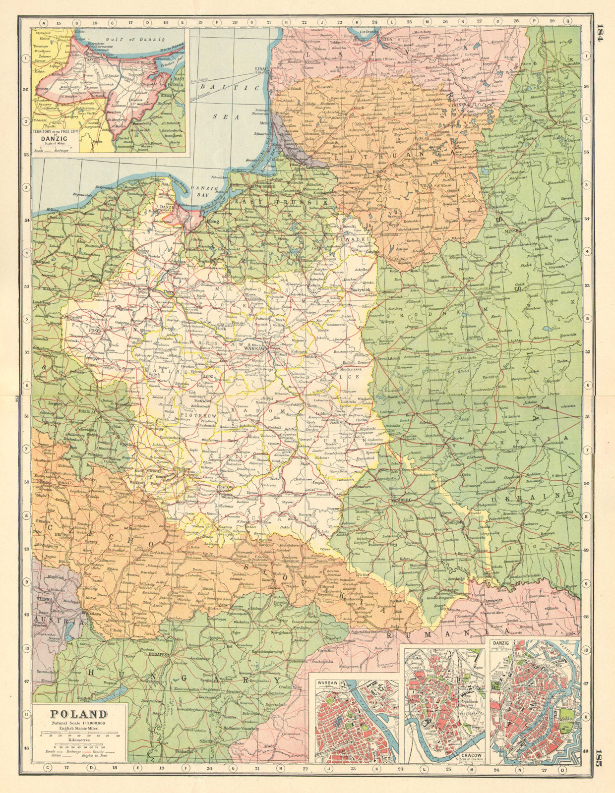 POLAND. inset plans of Danzig Gdansk Warsaw Kraków Cracow.East Prussia 1920 map