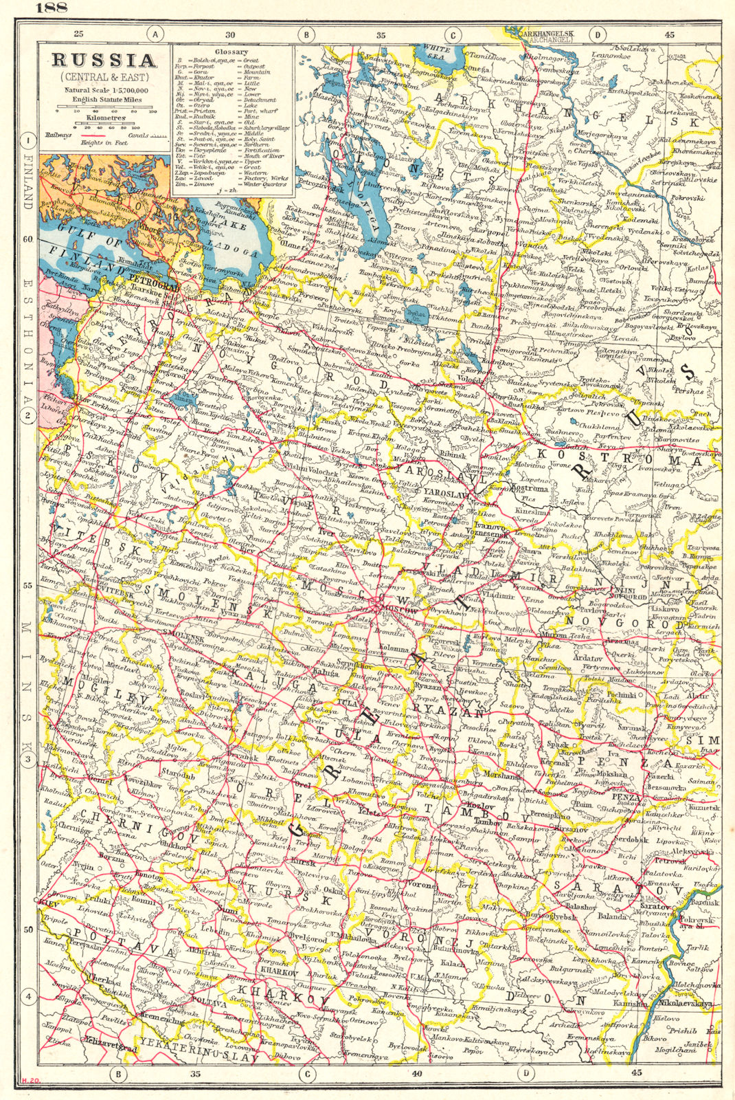 EUROPEAN RUSSIA WEST. Shows Petrograd (St Petersburg). Railways 1920 old map