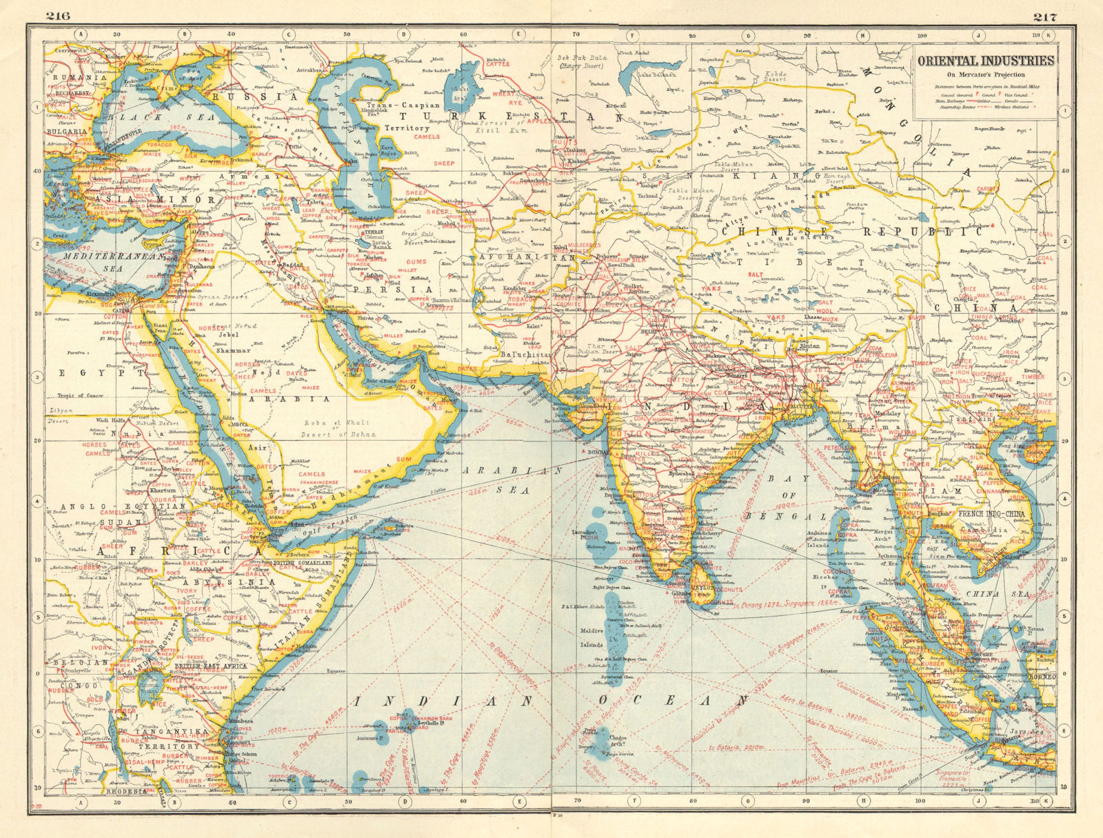 ASIA MIDDLE EAST AFRICA COMMERCIAL.Shows agricultural/mineral products 1920 map