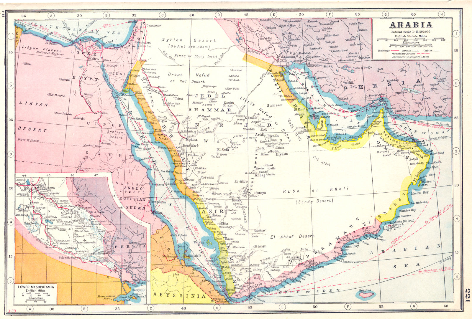 ARABIA. Saudi Arabia UAE Oman Yemen; inset Lower Mesopotamia Iraq 1920 old map