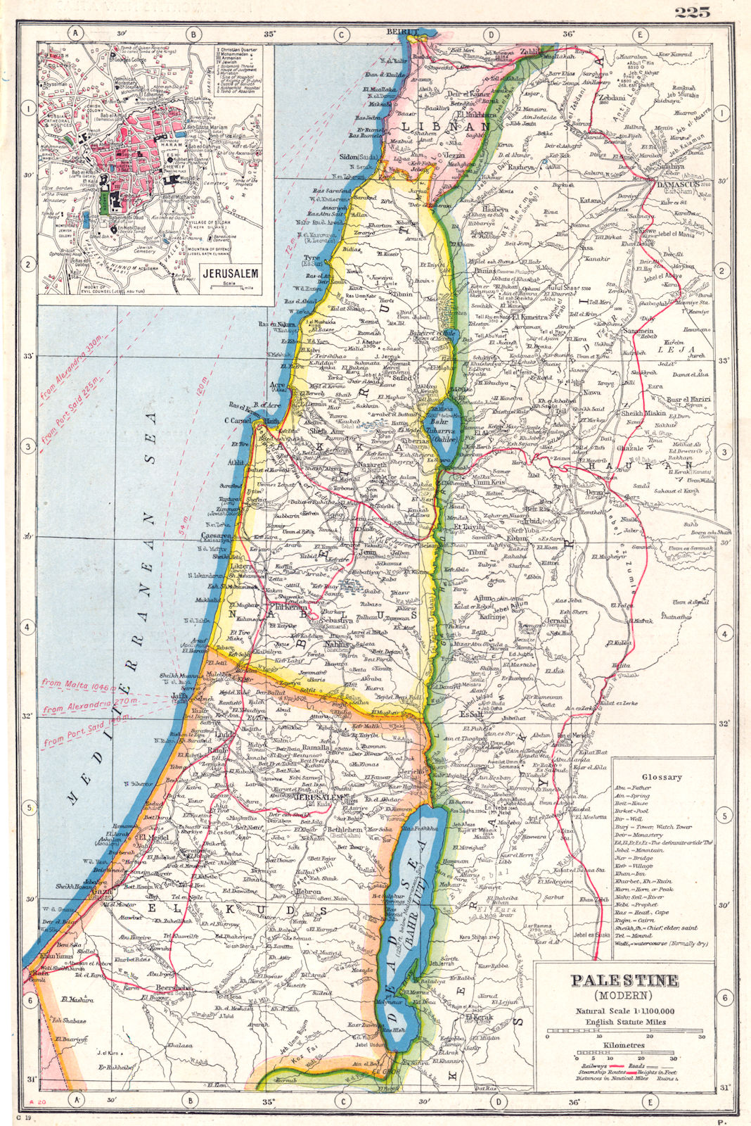 ISRAEL LEBANON.Palestine Modern. Libnan Beirut; inset Jerusalem 1920 old map