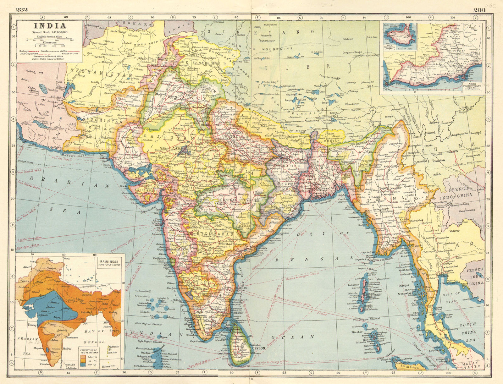 BRITISH INDIA. Showing states. Burma Baluchistan.Monsoon map.Inset Aden 1920