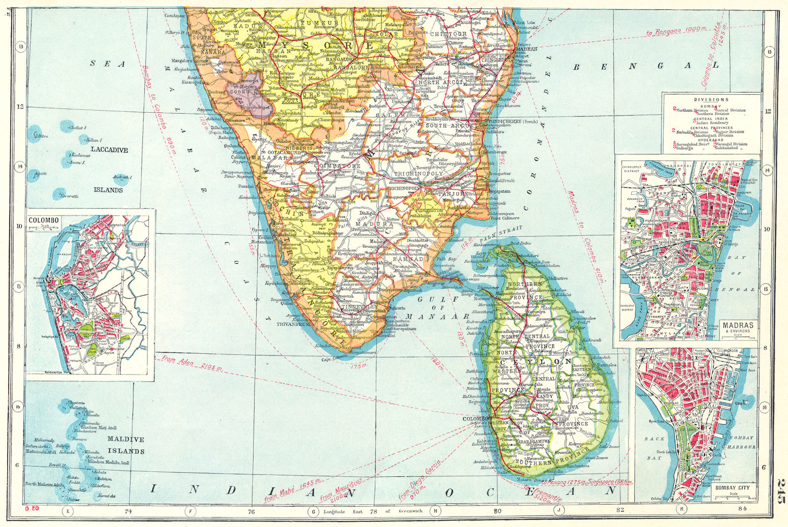 SOUTH INDIA/CEYLON. Chennai Madras Bombay Mumbai Colombo.Sri Lanka 1920 map