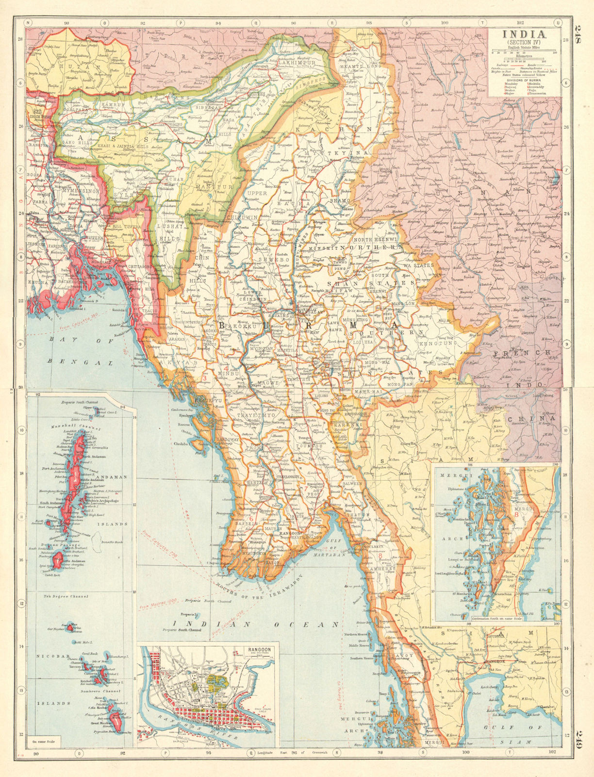 BURMA MYANMAR. inset Rangoon Mergui Andaman Nicobar Islands 1920 old map