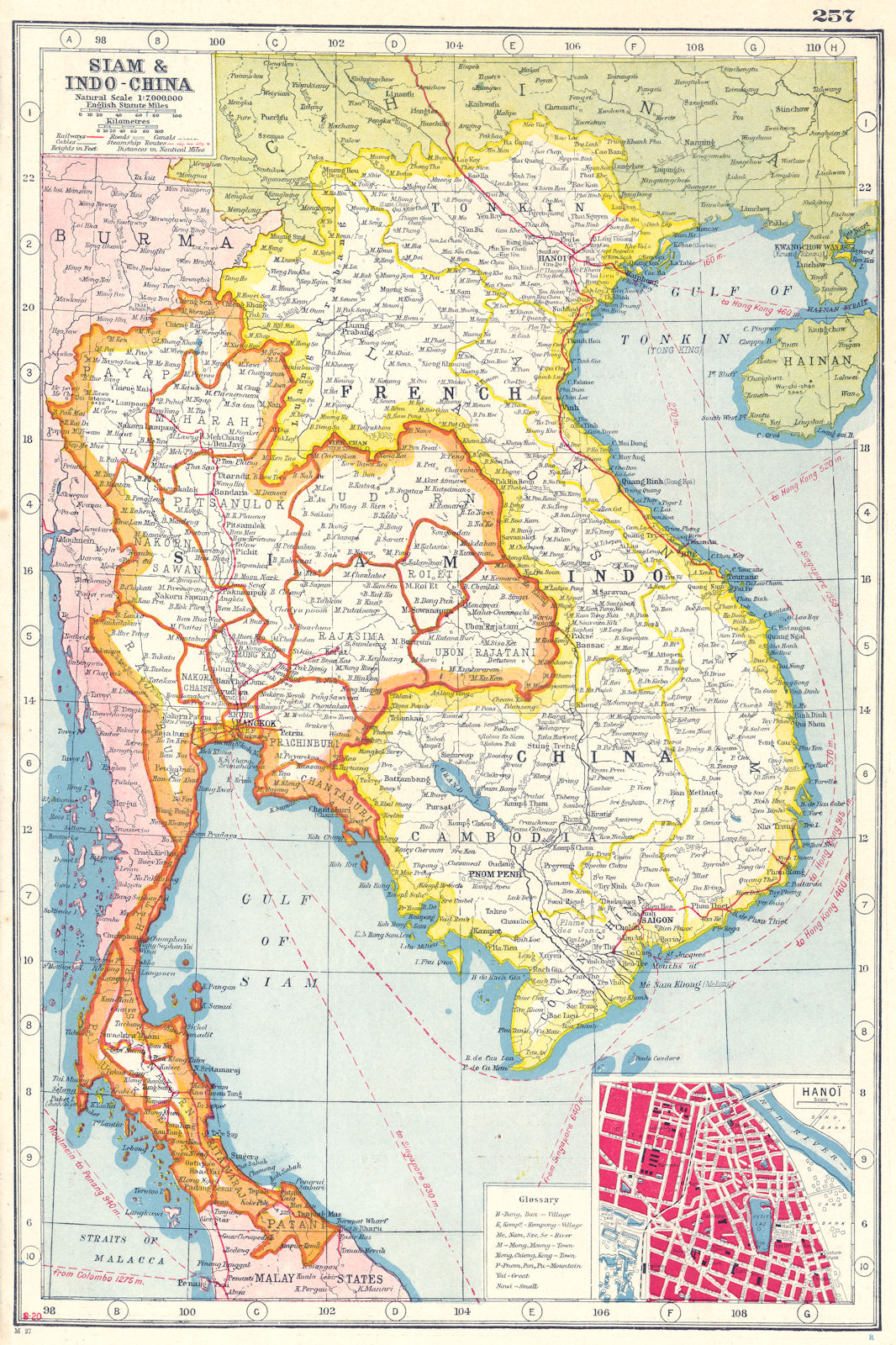 FRENCH INDO-CHINA SIAM. Thailand Vietnam Cambodia Laos; inset Hanoi 1920 map