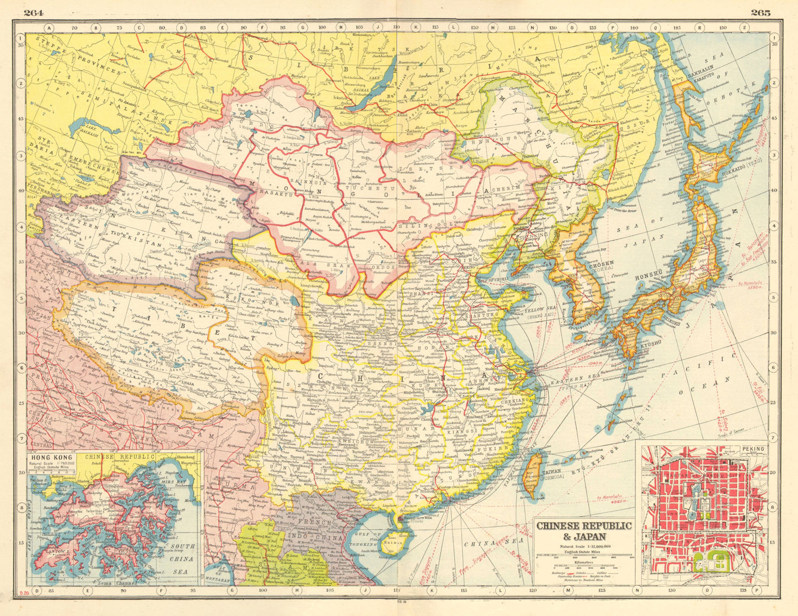 CHINA JAPAN KOREA. inset Hong Kong & Beijing Peking. HARMSWORTH 1920 old map