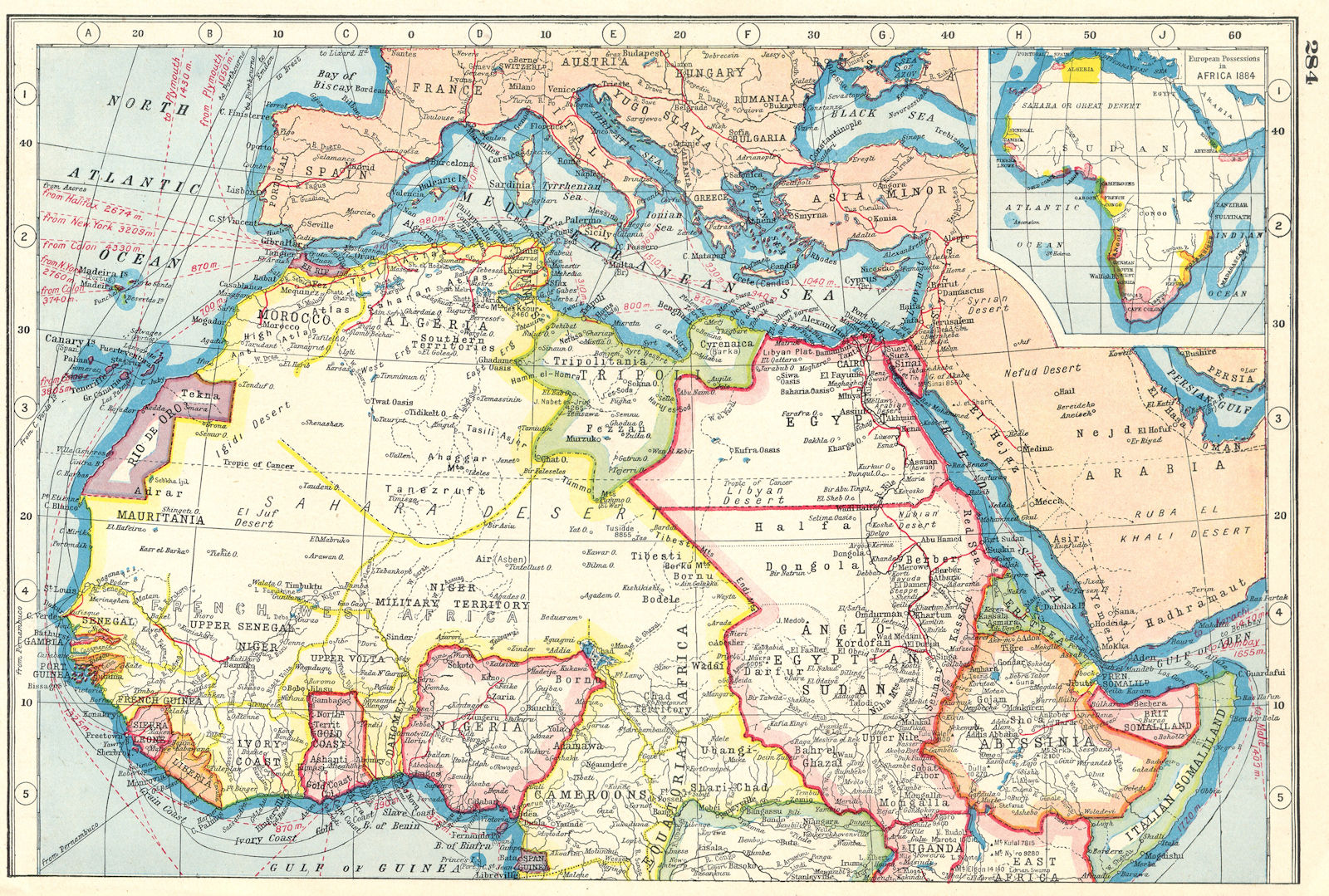 NORTH AFRICA. inset European colonies in Africa 1884. HARMSWORTH 1920 old map