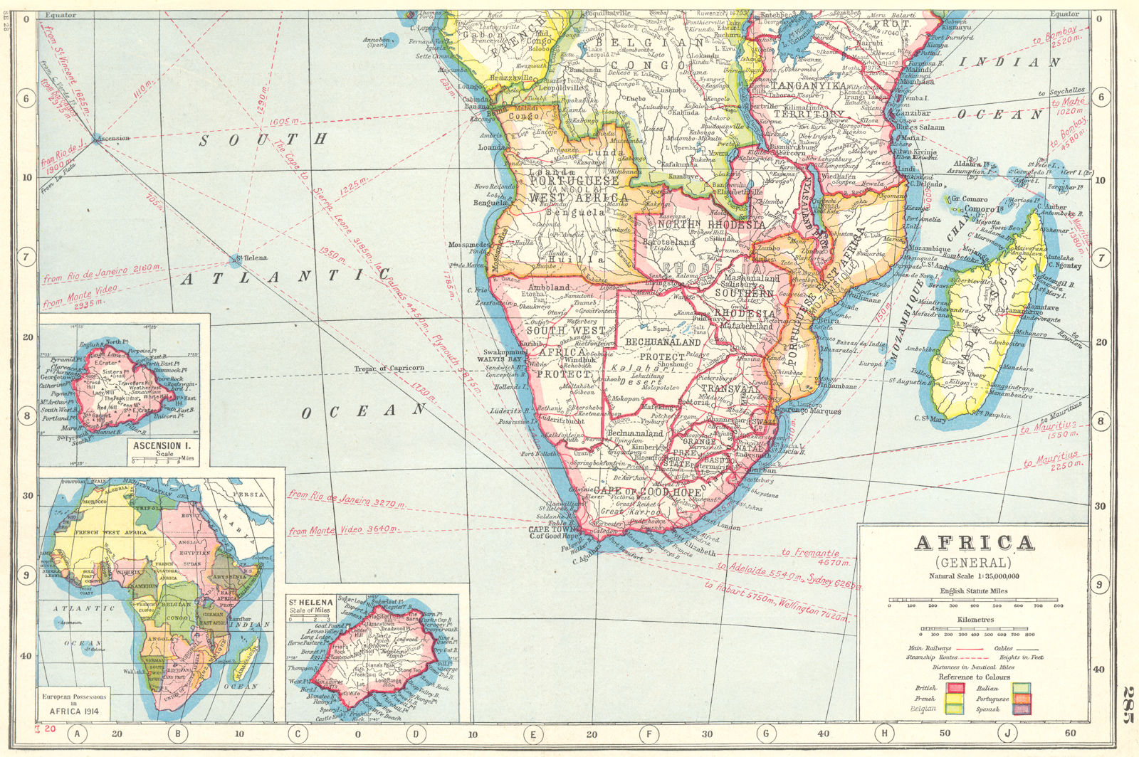 SOUTHERN AFRICA.Inset Ascension Is.; European colonies 1914;St Helena 1920 map