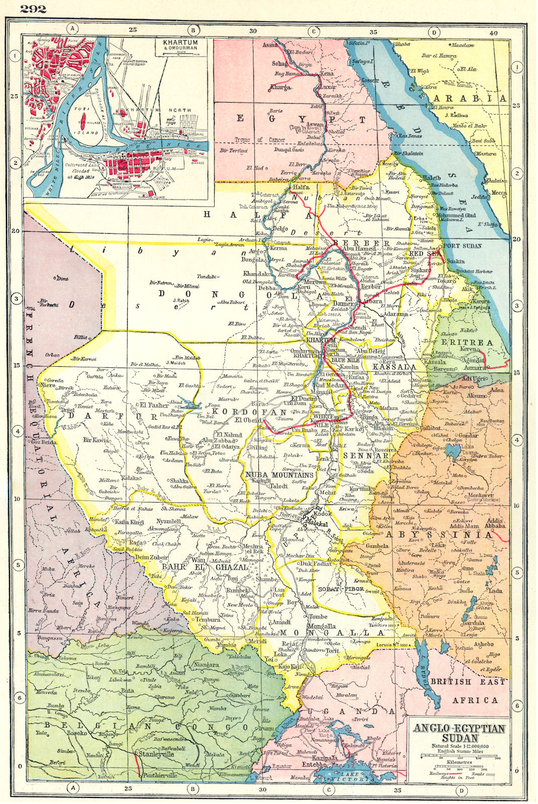SUDAN. Anglo–Egyptian Sudan; inset Khartoum & Omdurman. HARMSWORTH 1920 map