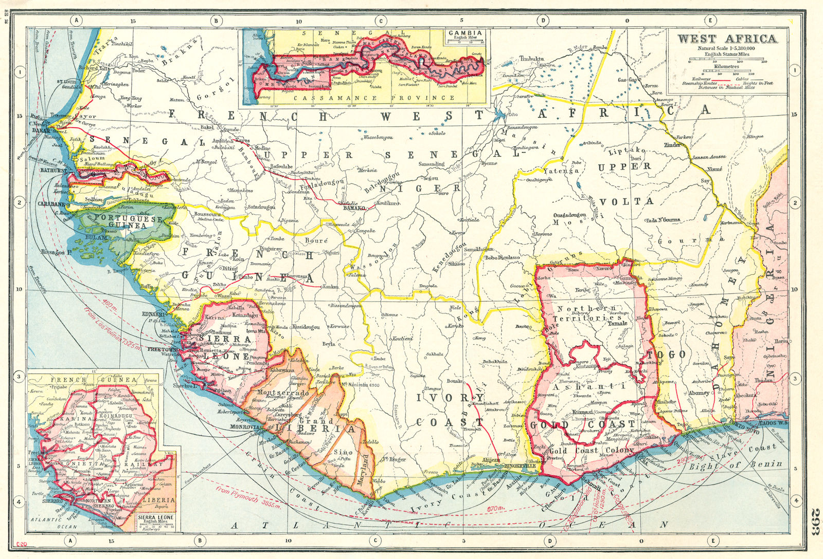 Associate Product WEST AFRICA. French. Gold Coast Ghana. inset Gambia; Sierra Leone 1920 map