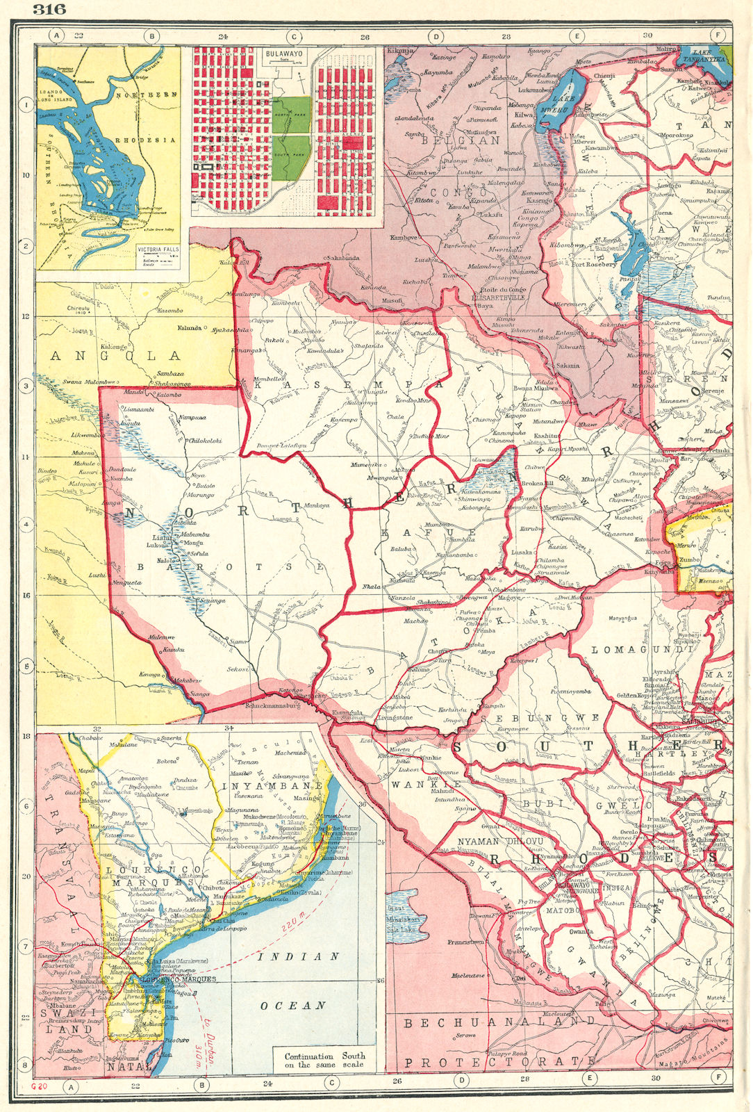 RHODESIA WEST. Zimbabwe Zambia Nyasaland;Victoria falls.Inset Bulawayo 1920 map