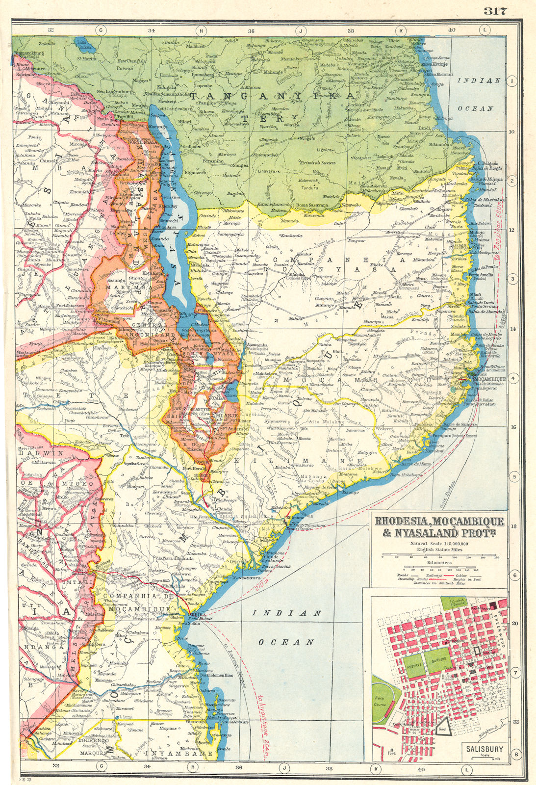 MOZAMBIQUE.Malawi Rhodesia Nyasaland.Inset Salisbury Harare.Moçambique 1920 map