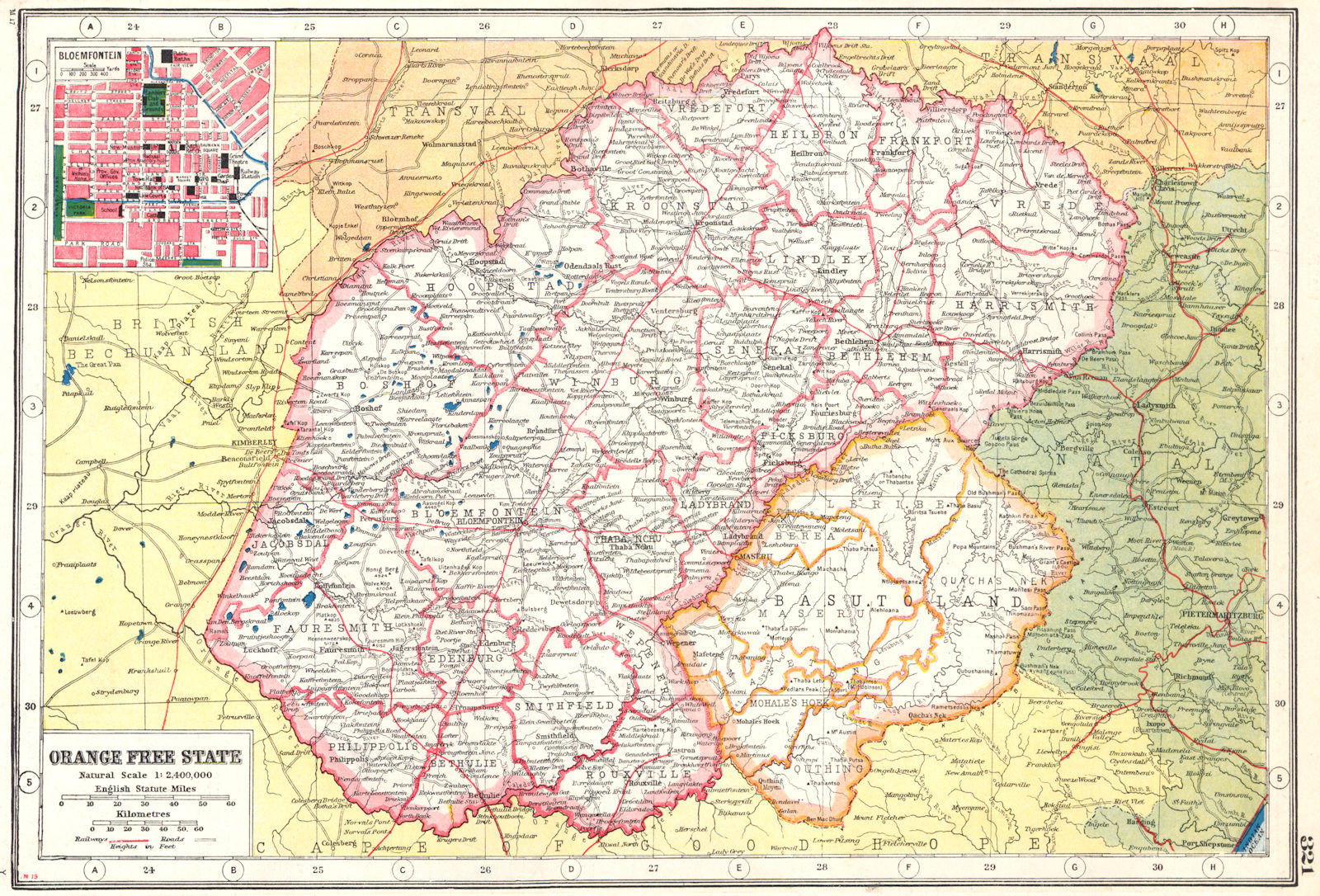 ORANGE FREE STATE. Railways. Inset Bloemfontein town plan.South Africa 1920 map